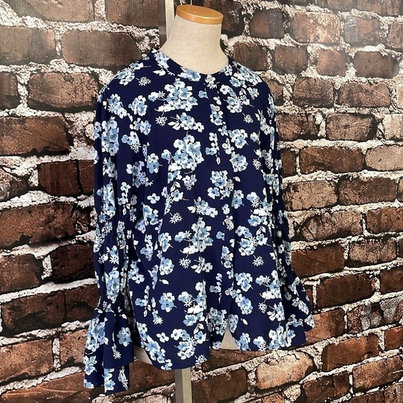 Michael Kors Blouse Top Shirt Womens XL Extra Large Blue Floral Button Peasant - Picture 8 of 14